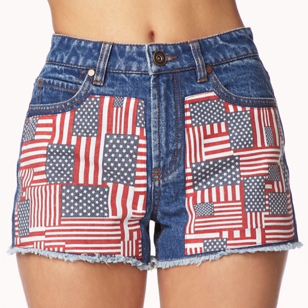 Forever 21 Denim Shorts with Red, White & Blue Flag Print